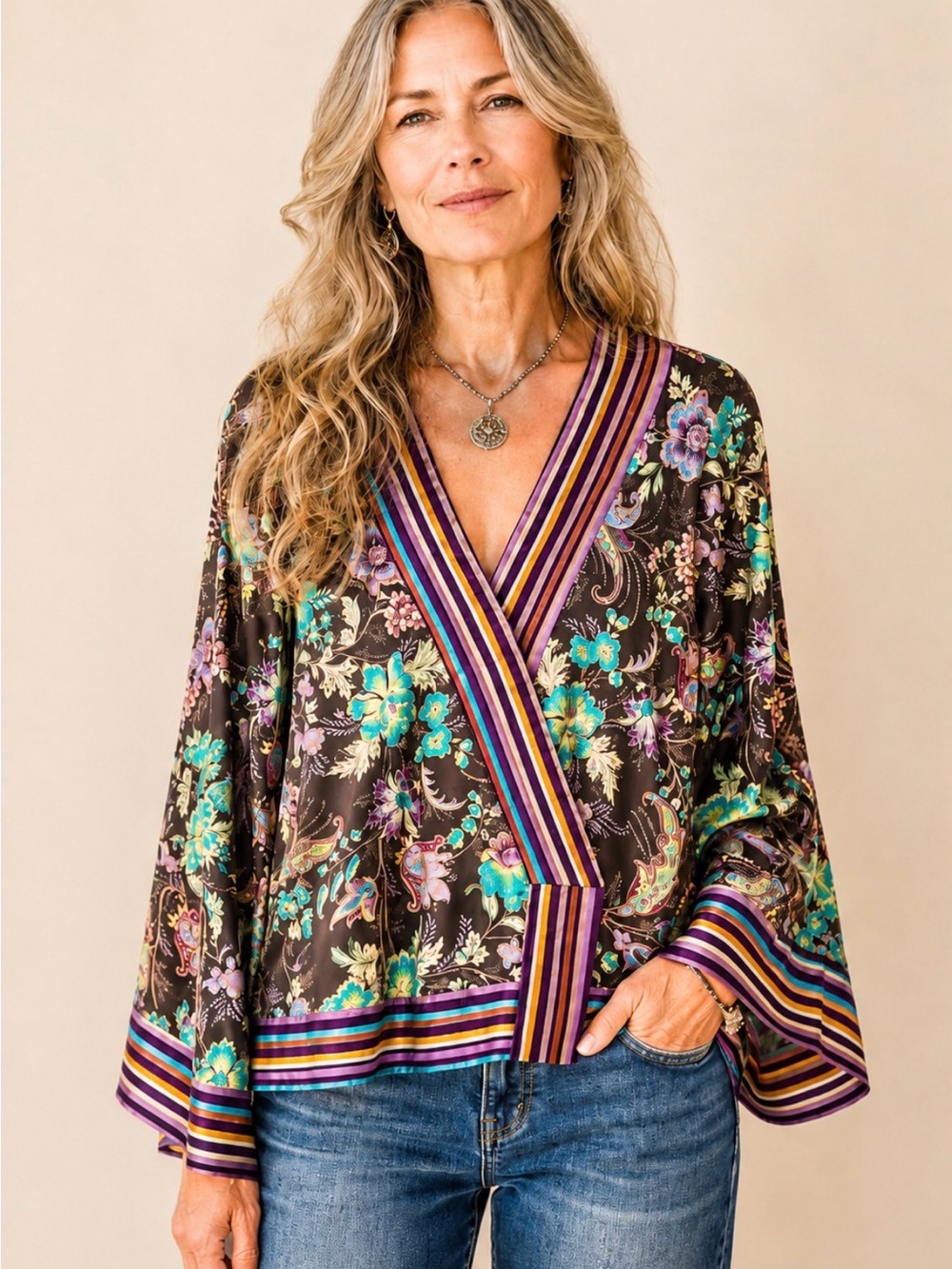 Y Apparel Boho Floral Paisley Kimono Wrap Bell Sleeve Top Small